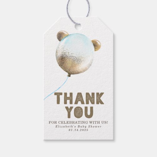 Bear Balloon Gold Blue and Brown Thank You Gift Tags