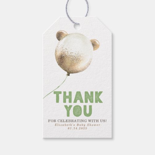 Bear Balloon Gold Sage and Brown Thank You Gift Tags