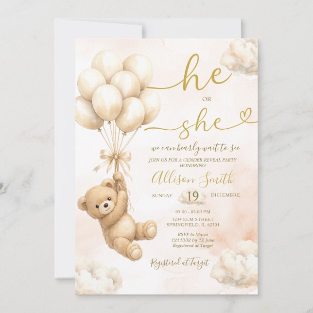 Bear Balloon He or She Gender Reveal Invitation (Front)