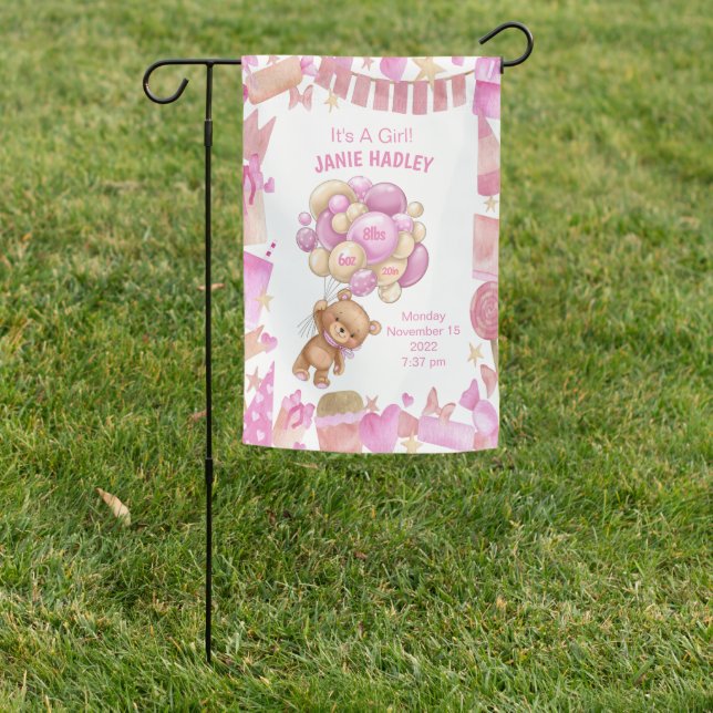 Bear Balloon It's a Girl Baby Announcement Garden Flag (In SItu)