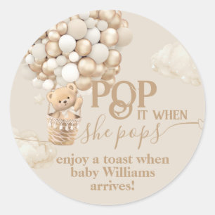 Bear Balloon neutral Baby Shower ready to pop Classic Round Sticker