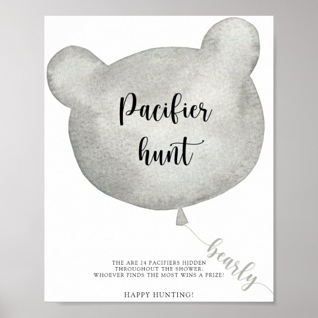 Bear Balloon pacifier hunt baby shower game poster (Front)