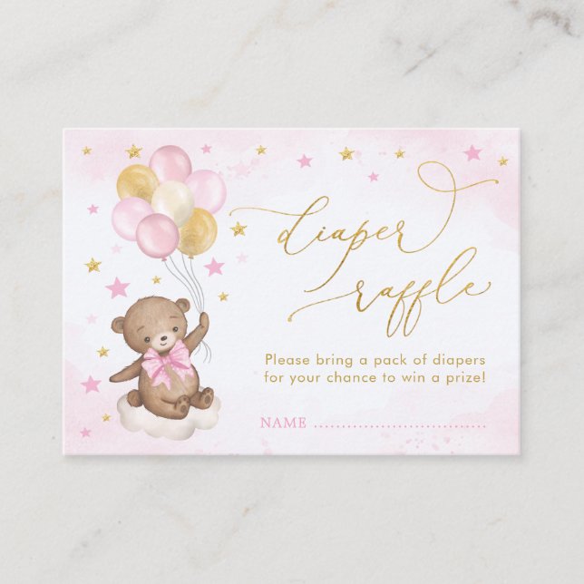 Bear Balloon Pink Gold Stars Books for Baby Girl Enclosure Card (Front)