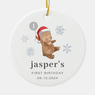 Bear Balloon Santa Hat Ceramic Ornament