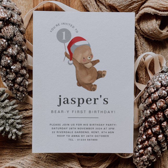 Bear Balloon Santa Hat First Birthday Invitation (Bear Balloon Santa Hat First Birthday Invitation)