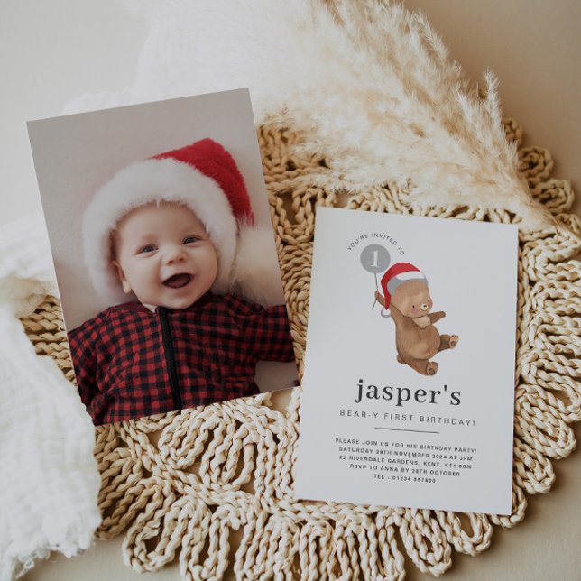 Bear Balloon Santa Hat First Birthday Photo Invitation (Zazzle Bear Balloon Santa Hat First Birthday Photo Invitation)