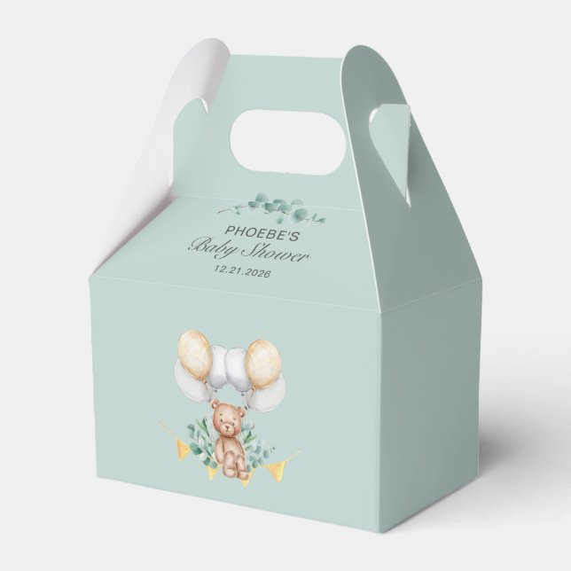 Bear Balloons and Eucalyptus Boy Baby Shower Favor Boxes (Front Side)