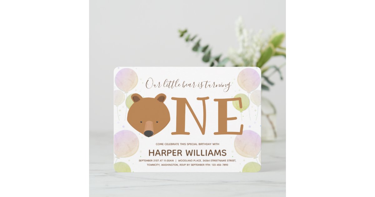 Bear Balloons Baby First Birthday Invitation | Zazzle