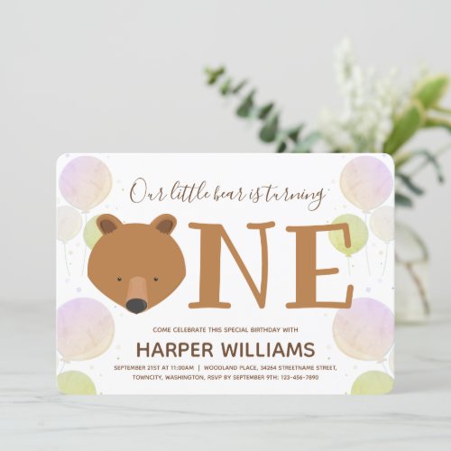 Bear Balloons Baby First Birthday Invitation