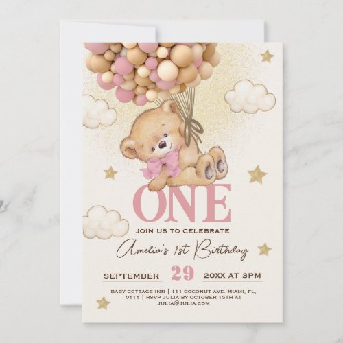 Bear Balloons Baby Girl 1st Birthday  Invitation