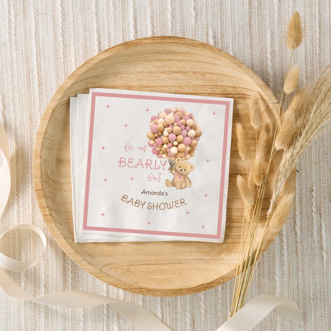 Bear Balloons Baby Girl Shower Boho Pink  Napkins (Creator Uploaded)