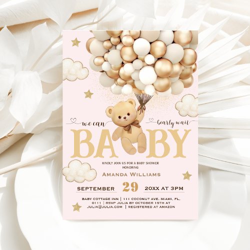 Bear Balloons Baby Girl Shower Soft Pink Boho Invitation