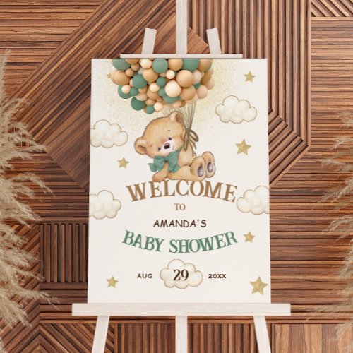 Bear balloons Baby Shower Beige Green Welcome sign