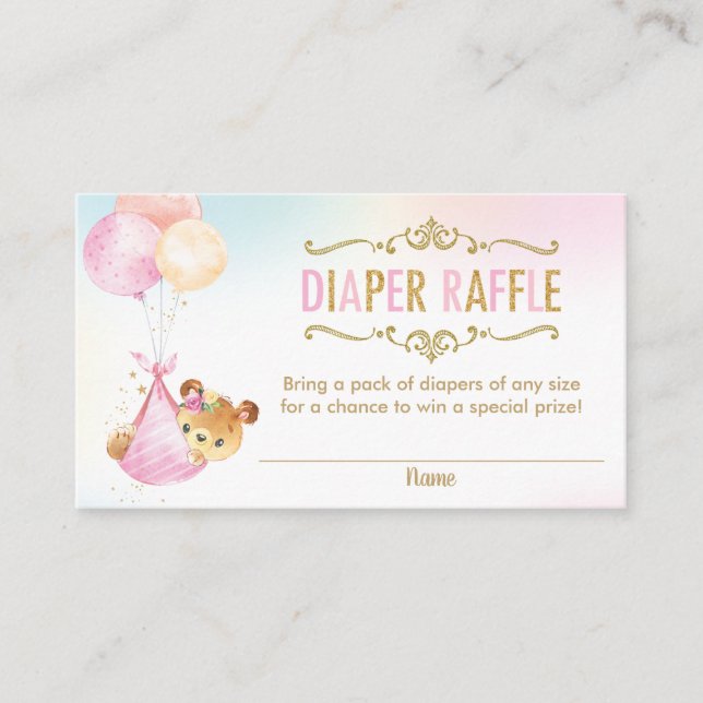 Bear Balloons Baby Shower Diaper Raffle Ticket Enclosure Card (Front)