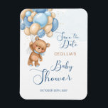 Bear Balloons Baby Shower Save the Date Magnet<br><div class="desc">This design features a friendly Teddy Bear with blue  and cream balloon. Texts "Save the Date" and "Baby Shower" are written in calligraphy style.</div>
