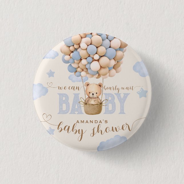 Bear Balloons Bearly Wait Baby Boy Shower  Button (Front)