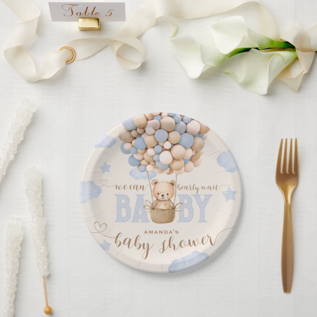 Bear Balloons Bearly Wait Baby Boy Shower  Paper Plates (Wedding)