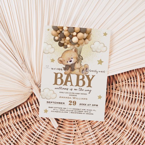 Bear Balloons Bearly Wait Baby Shower Brown Beige Invitation