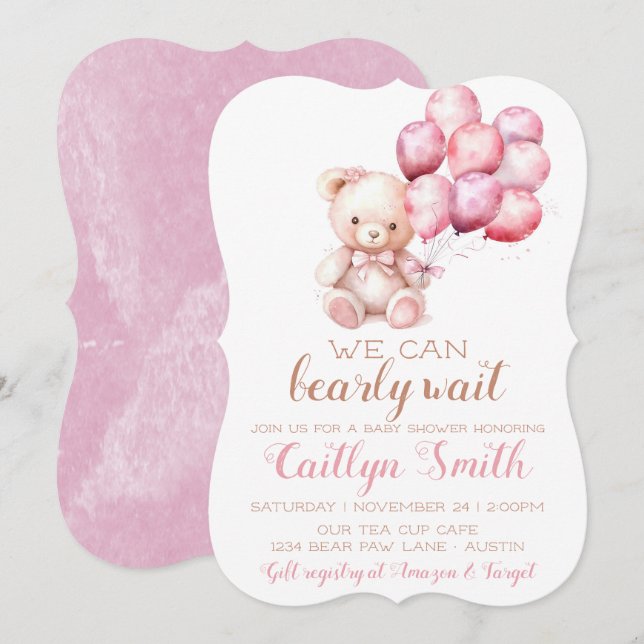 Bear Balloons Bearly Wait Baby Shower Girl  Invitation (Front/Back)