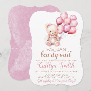 Bear Balloons Bearly Wait Baby Shower Girl  Invitation