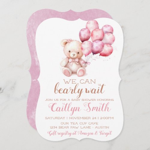 Bear Balloons Bearly Wait Baby Shower Girl  Invitation