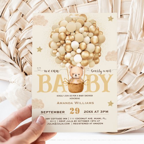 Bear Balloons Bearly Wait Baby Shower  Invitation