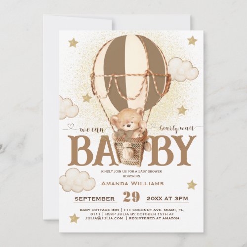 Bear Balloons Bearly Wait Baby Shower  Invitation