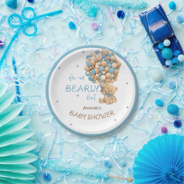 Bear Balloons Bearly Wait Blue Baby Boy Shower Paper Plates (Party)