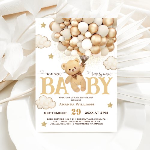 Bear Balloons Bearly Wait Minimal Baby Shower  Invitation