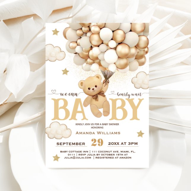 Bear Balloons Bearly Wait Minimal Baby Shower  Invitation (Creator Uploaded)