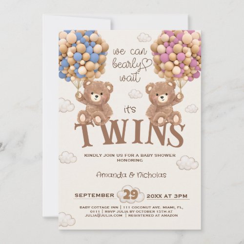 Bear Balloons Bearly Wait Twins baby shower Invitation