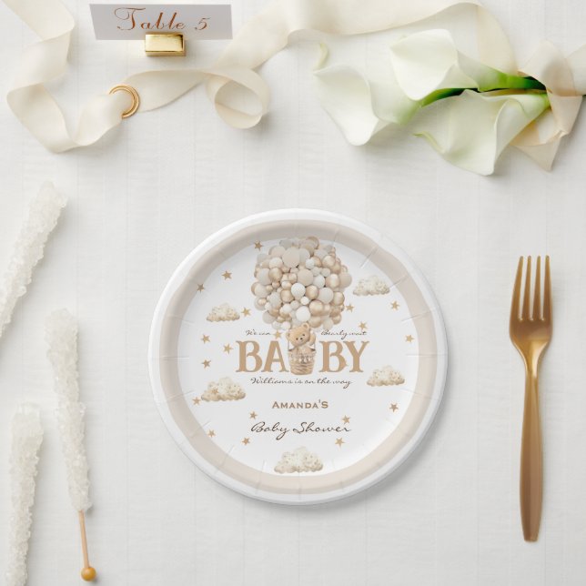 Bear Balloons Bearly Wait White Beige Baby Shower Paper Plates (Wedding)