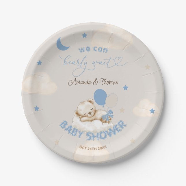 Bear Balloons Blue Baby Shower Paper Plates (Front)