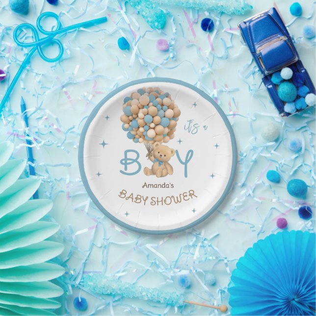 Bear Balloons Blue Beige Baby Boy Shower Paper Plates (Party)