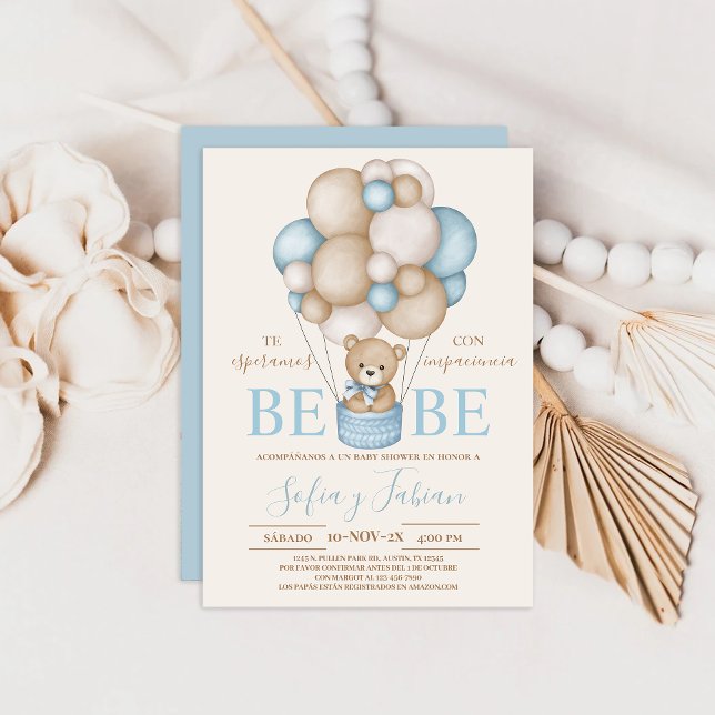 Bear Balloons Boy Baby Shower Spanish Invitation (Creator Uploaded)