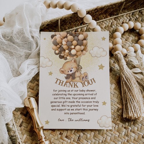 Bear Balloons Brown Neutral Boho Baby Shower Thank You Card