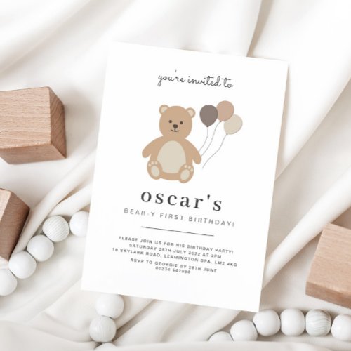 Bear Balloons First Birthday Invitation