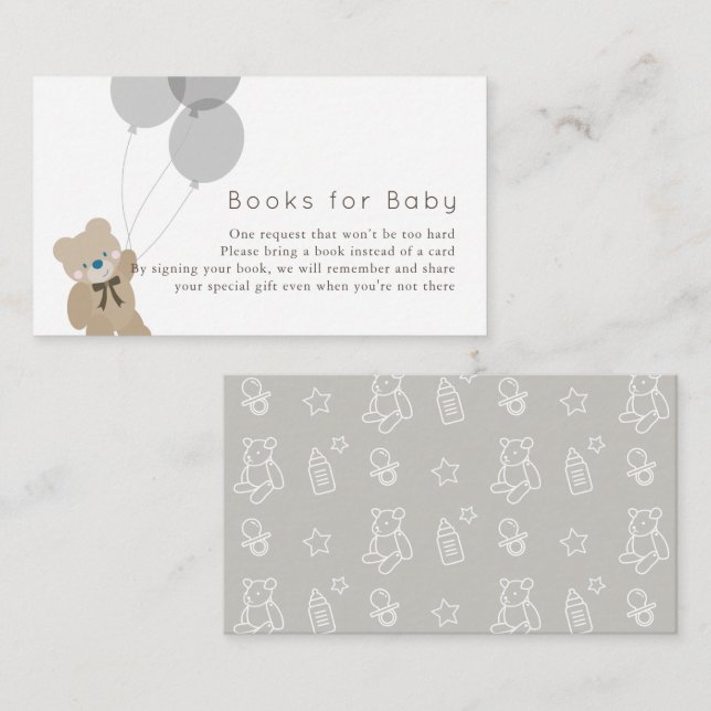 Bear & Balloons Gray Baby Shower Book Request Enclosure Card (Front/Back)