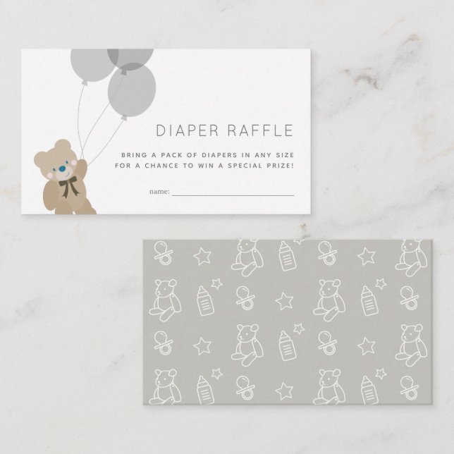 Bear & Balloons Gray Diaper Raffle Ticket Enclosure Card (Front/Back)