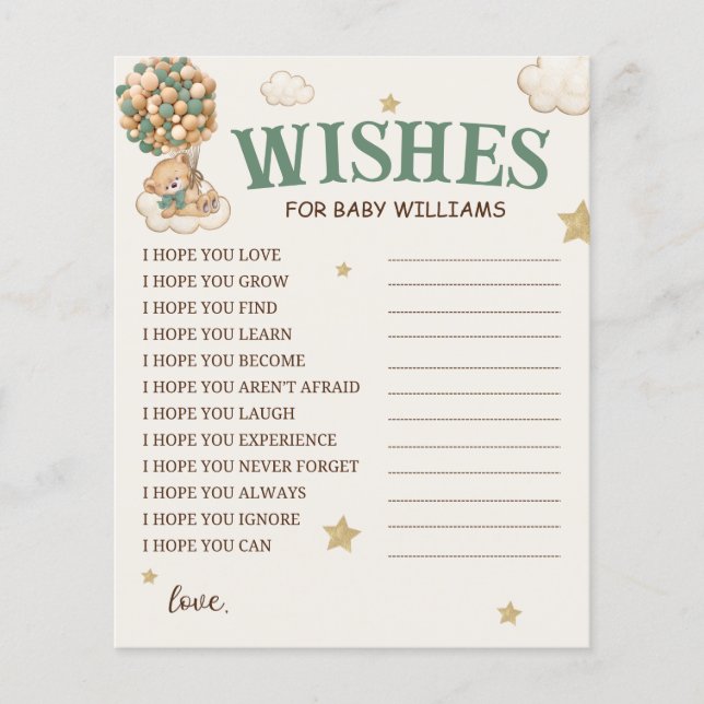 Bear Balloons Green Wishes For Baby (Front)