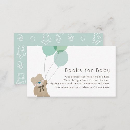 Bear  Balloons Mint Baby Shower Book Request Enclosure Card