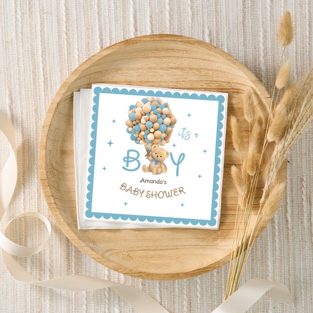 Bear Balloons Modern Cute Blue Baby Boy Shower Napkins (Creator Uploaded)