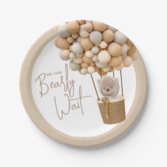 Bear Balloons Modern Gender neutral Baby Shower Paper Plates (Front)