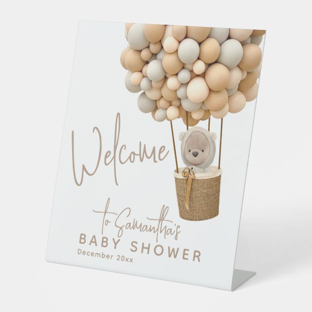 Bear Balloons Modern Gender neutral Baby Shower Pedestal Sign (Front)