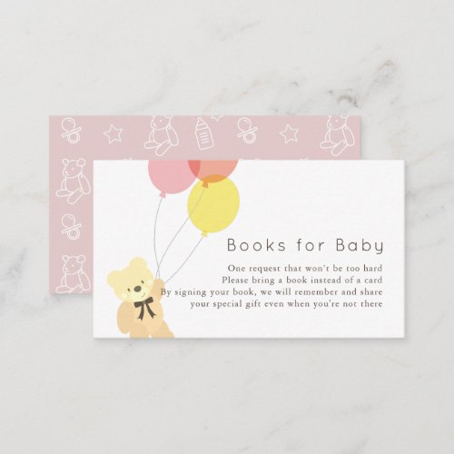 Bear  Balloons Pink Baby Shower Book Request Enclosure Card