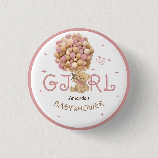 Bear Balloons Pink Baby Shower Favor Button (Front)