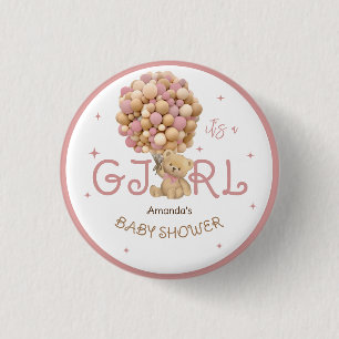 Bear Balloons Pink Baby Shower Favor Button