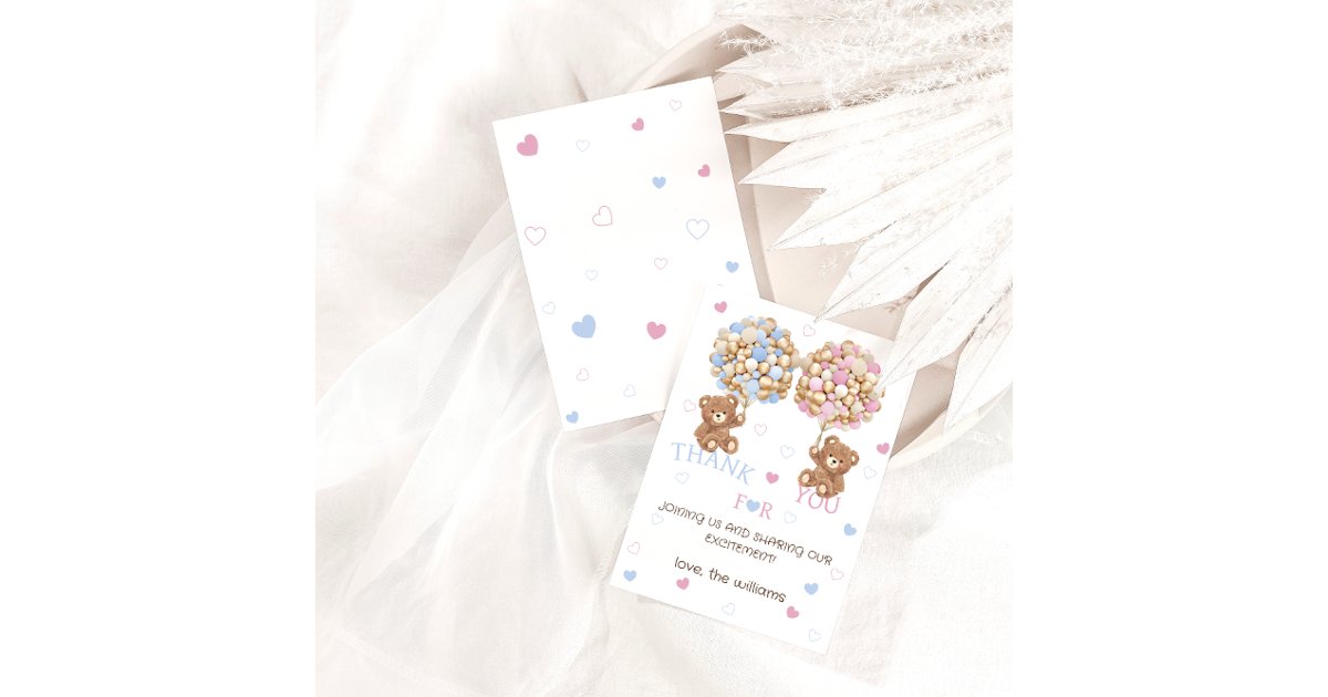 Bear balloons pink blue Baby Shower Gender Reveal Thank You Card | Zazzle