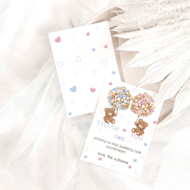 Bear balloons pink blue Baby Shower Gender Reveal Thank You Card | Zazzle