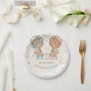 Bear Balloons Pink Blue Boho Gender Reveal Paper Plates